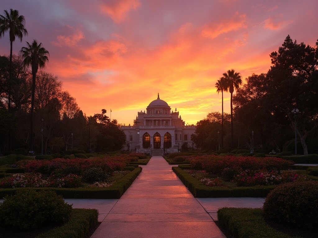 Sunset view of Balboa Park's Spanish Colonial Revival architecture with empty garden paths and Museum of Man's dome against an orange and purple sky