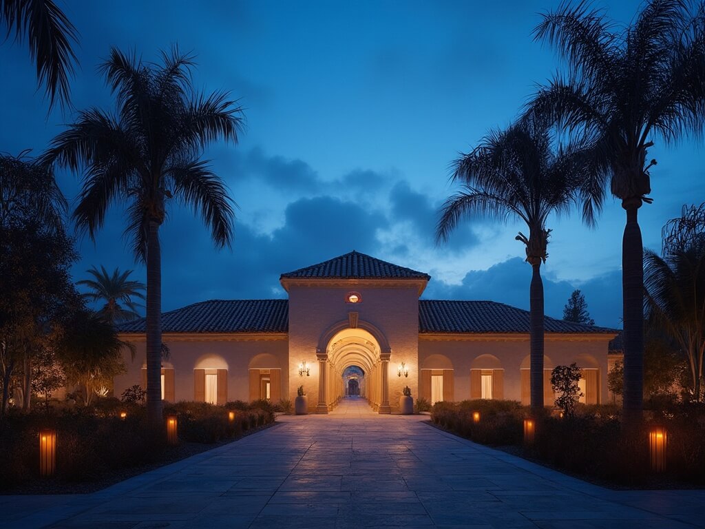 Twilight scene at Balboa Park's botanical building in January, showcasing Spanish Colonial architecture lit by warm lights, palm trees silhouetted against a deep blue dusk sky with a subtle mist in the garden area, at around 50°F in a clear winter evening atmosphere