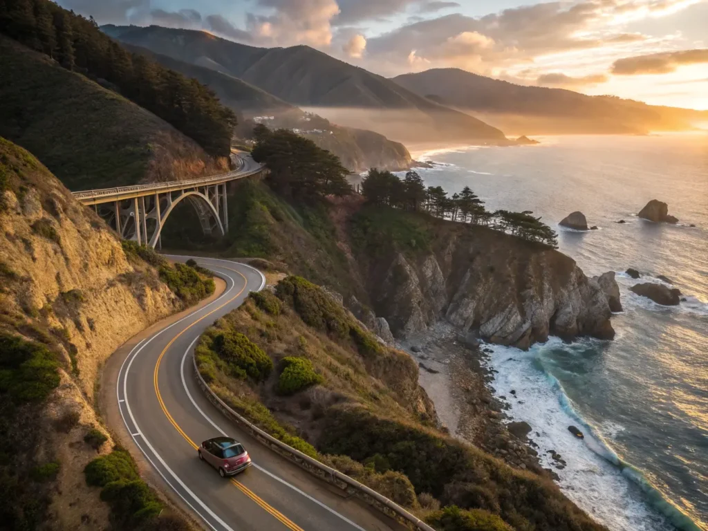 "Aerial view of a vintage convertible on Pacific Coast Highway near Bixby Bridge at sunset, with ocean waves crashing against rocky cliffs and cypress trees dotting the landscape"