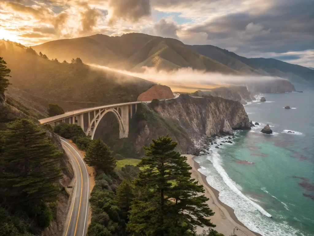 "Aerial view of Big Sur coastline with Bixby Creek Bridge, winding Highway 1, morning fog, sunlight breaking through clouds, redwood trees, breaching whale, Pfeiffer Beach, and McWay Falls in golden hour."