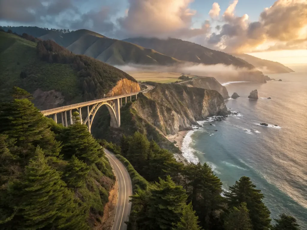 "Aerial view of Bixby Bridge on the rugged Big Sur coastline at golden hour, with fog rolling in over cliffs, sunlight illuminating Highway 1, and humpback whales breaching in the Pacific Ocean."