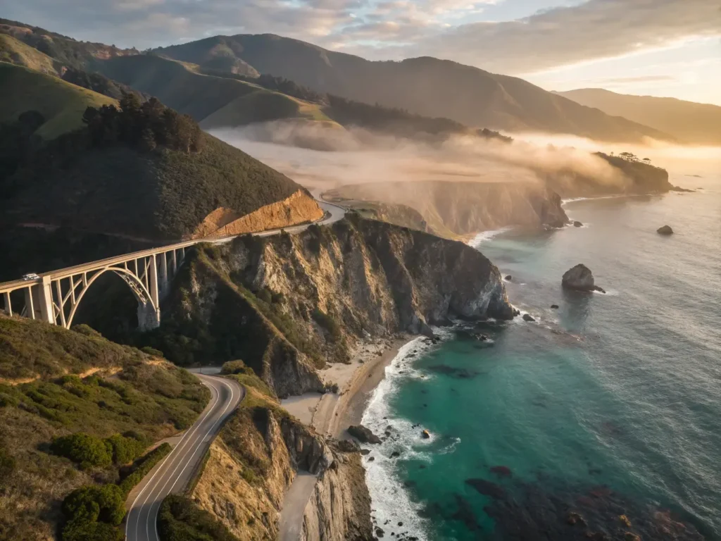 "Aerial view of Bixby Creek Bridge on Big Sur coastline during golden hour with morning fog, humpback whales in the distance, long shadows on Highway 1, and redwoods framing the scene."