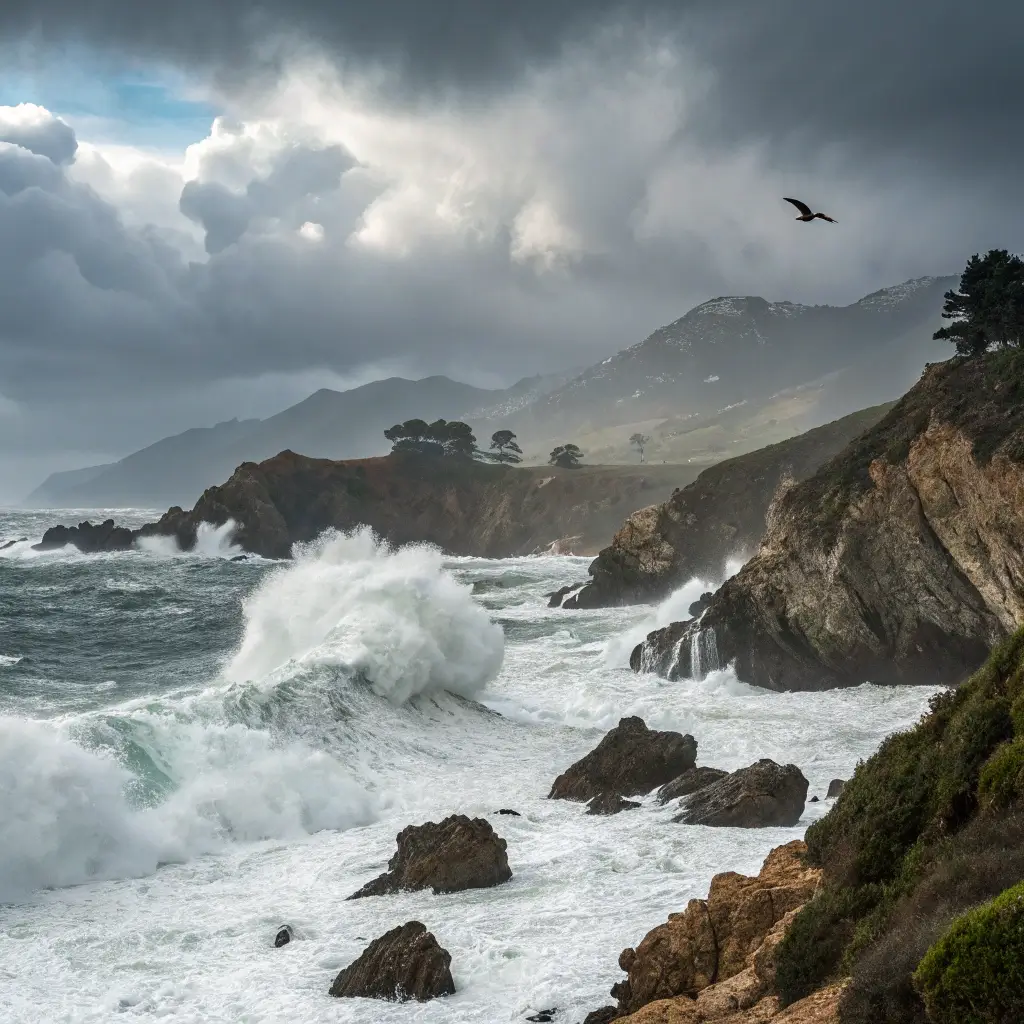 Stormy Big Sur coastline with powerful winter waves crashing against rocks, gray sky creating a moody atmosphere, and silhouetted California Condor flying in the distance