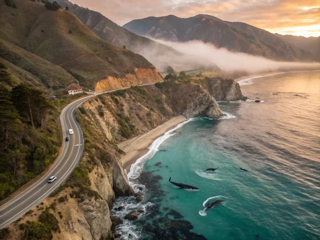 "Aerial view of Big Sur coastline at sunset with Highway 1, migrating whales, monarch butterflies, McWay Falls, misty atmosphere, and Santa Lucia Mountains in the background"