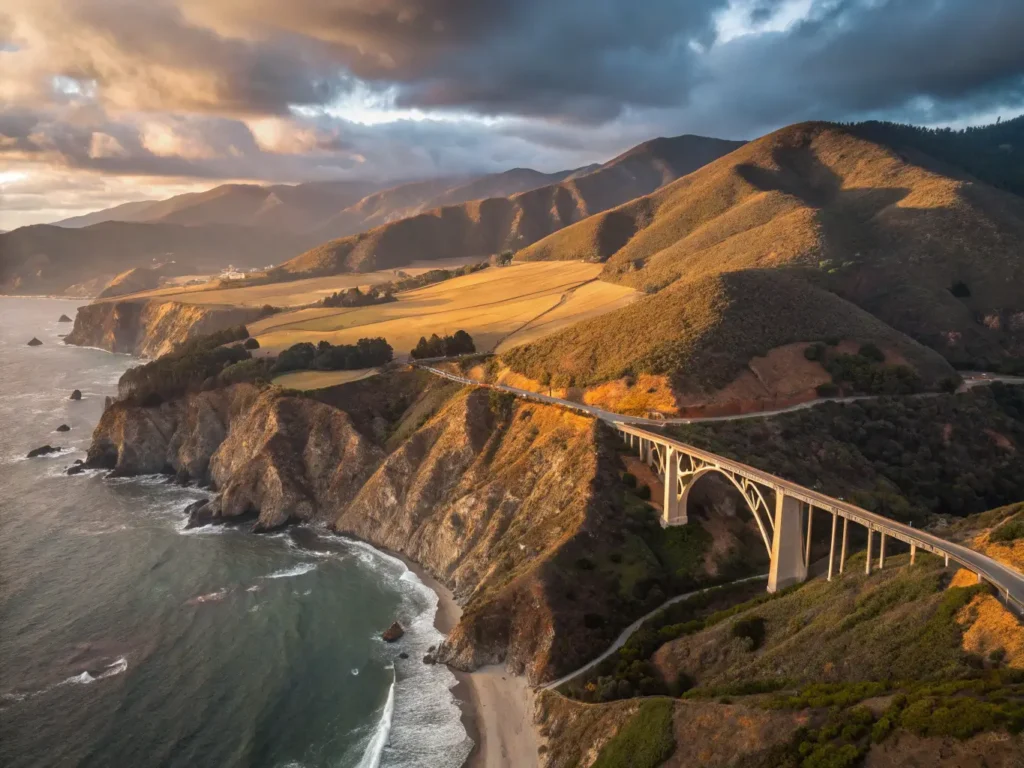 "Aerial view of Big Sur coastline at sunset with Bixby Bridge, golden hills, dramatic cliffs, fall-colored trees, low-hanging clouds, Pacific Coast Highway and a whale spout in the Pacific Ocean"