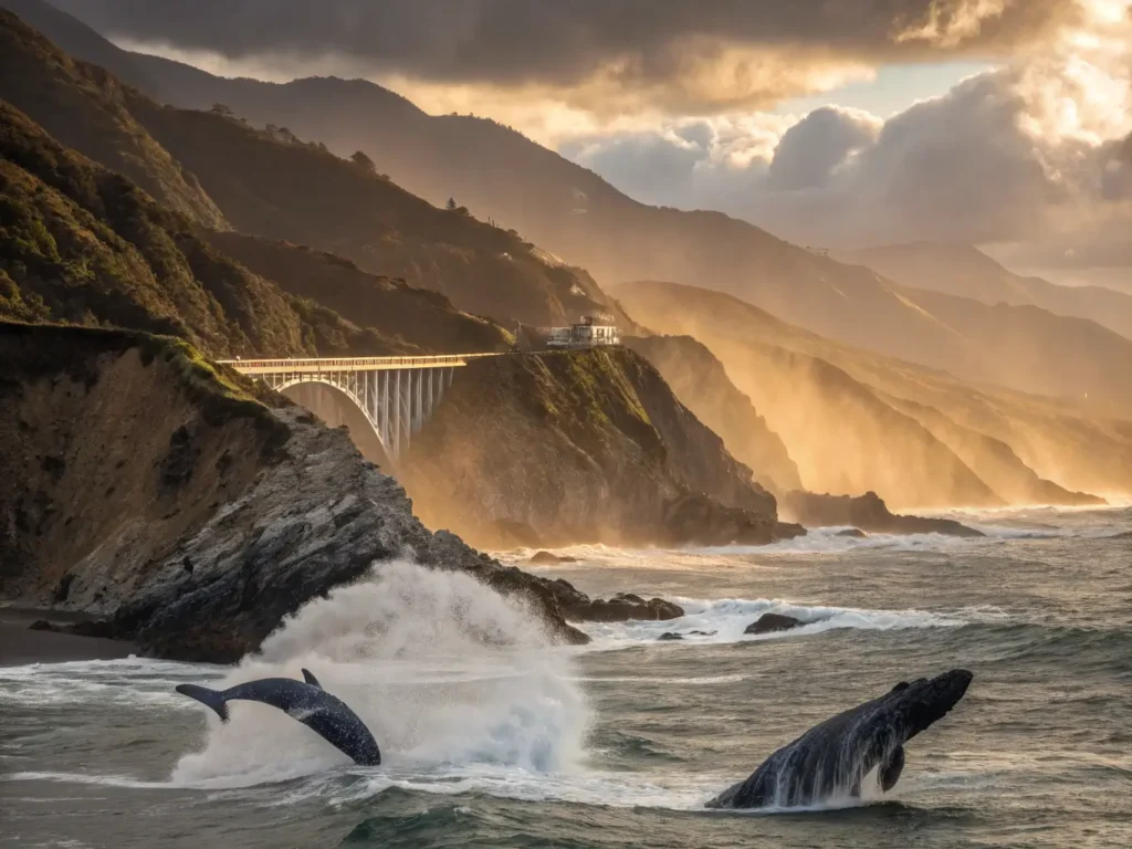 "Dramatic winter sunset at Big Sur with gray whales breaching, massive waves hitting cliffs, Bixby Bridge, redwood forests, the winding Highway 1, and misty coastal fog illuminated by golden-hour light."