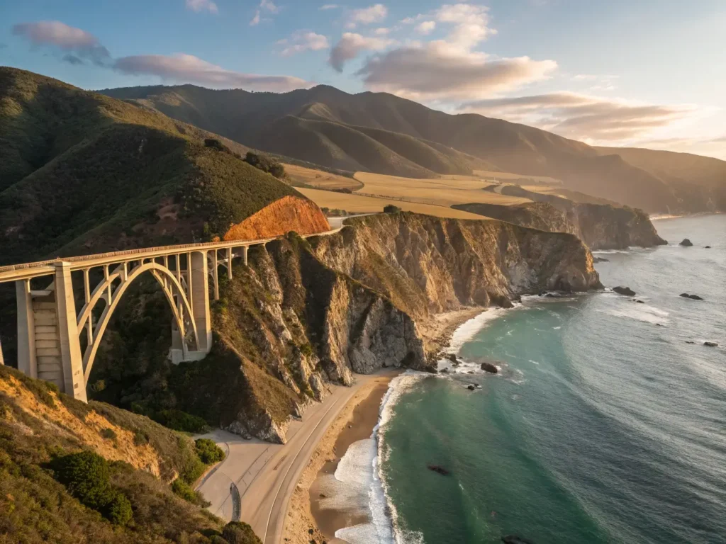 "Bixby Creek Bridge on Pacific Coast Highway at sunset in October with monarch butterflies, a California Condor flying overhead, coastal autumn foliage, and migrating gray whales visible in the Pacific Ocean."