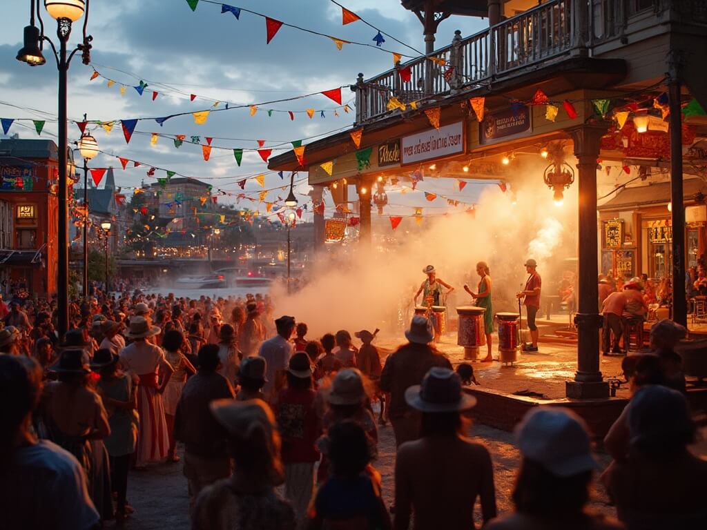 Crowds dancing at a vibrant festival at Spanish Landing Park with Cajun-style decorations, musicians performing on stage, and steam rising from crawfish boil pots under warm evening lights and festive atmosphere near waterfront.