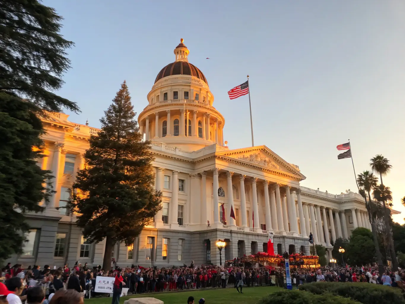 California State Capitol building with crowd celebrating Admission Day, flags and warm sunlight