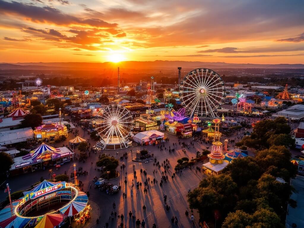 Aerial view of California State Fair at sunset with colorful carnival rides, twinkling Ferris wheel lights and families exploring