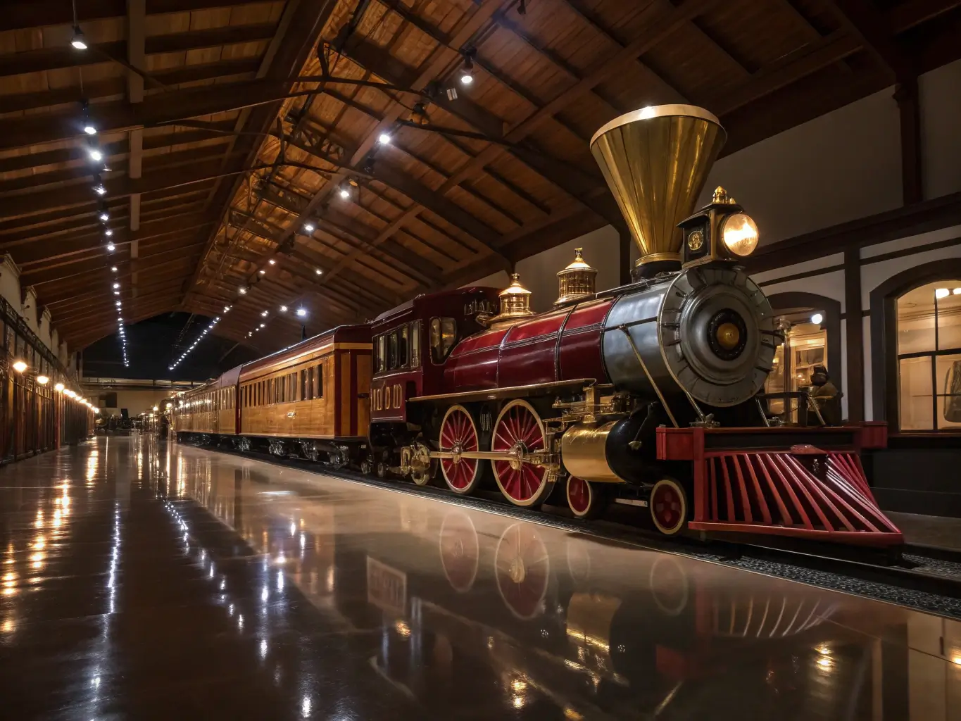 Vintage steam locomotive with polished brass fittings in California State Railroad Museum, illuminated by dramatic lighting from high windows