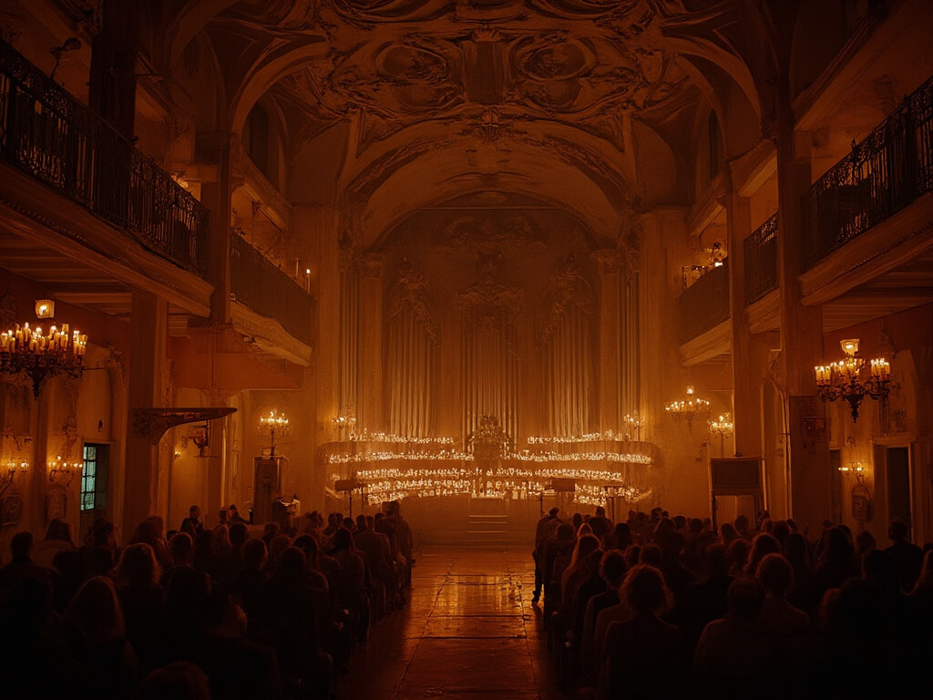 Historic Los Angeles venue illuminated by a candlelight concert with warm amber lighting casting dramatic shadows on ornate architecture and elegant period furniture.