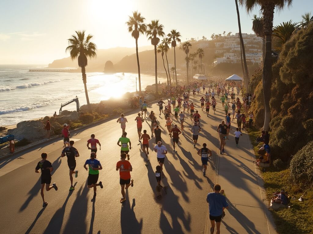 Runners racing on Carlsbad's oceanfront course in morning light, with palm trees, Pacific waves, and distant cliffs in the backdrop