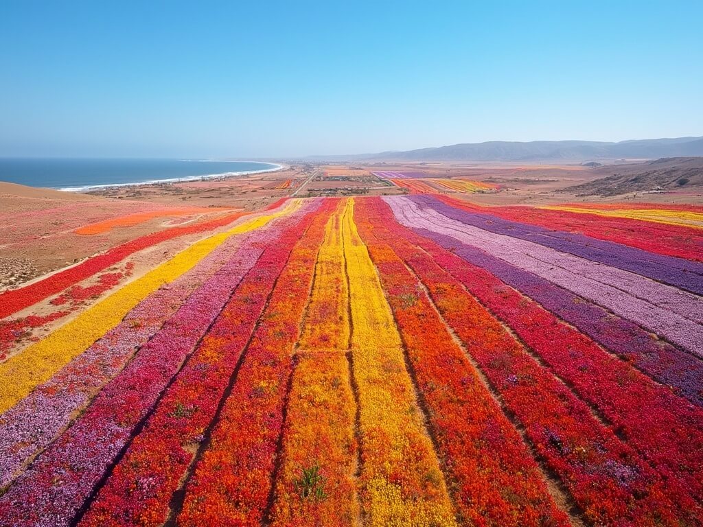 Aerial view of vibrant Carlsbad Flower Fields full of rainbow-colored ranunculus flowers with rolling hills extending to the ocean under a clear blue April sky