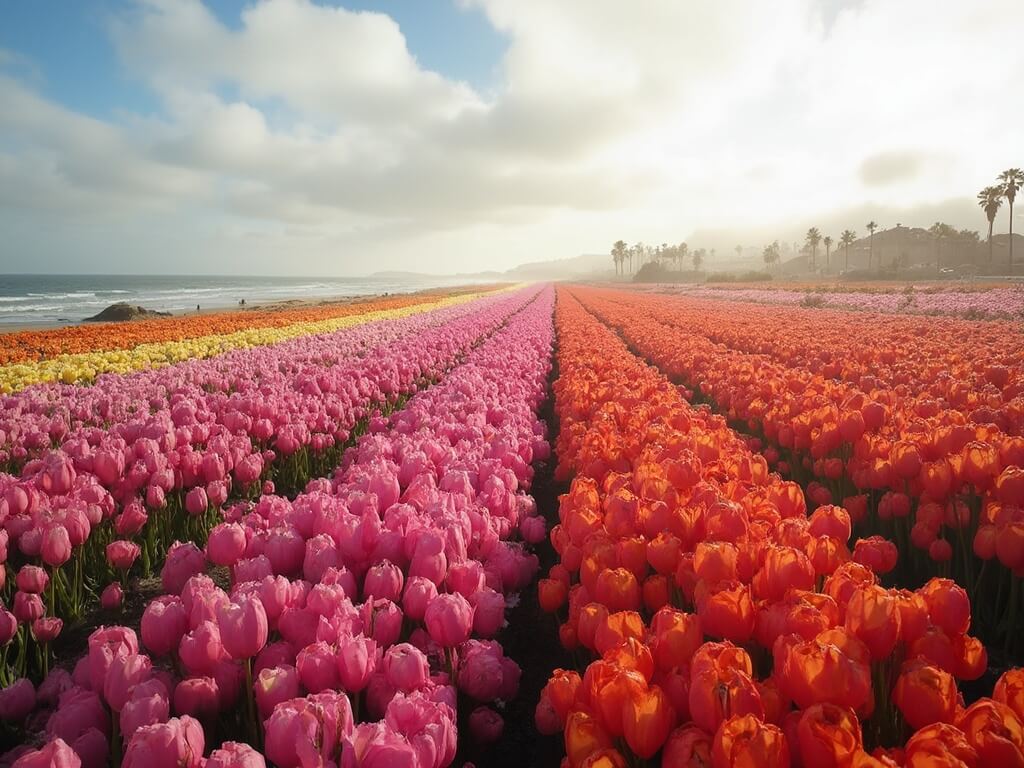 Endless rows of multicolored Giant Tecolote Ranunculus flowers at Carlsbad Flower Fields under soft morning light with Pacific Ocean in the distance