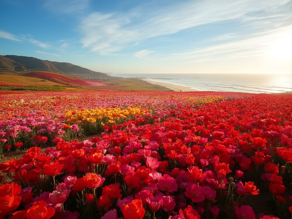 Vibrant field of ranunculus flowers in Carlsbad under morning sun with Pacific Ocean in the distance