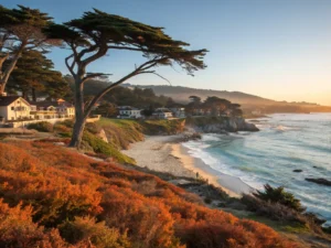 "Cypress trees silhouetted against the autumn sky in Carmel-by-the-Sea coastline during golden hour, fairytale cottages in the backdrop, Bixby Creek Bridge in distance with dolphins in turquoise Pacific waters."