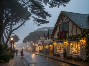 "Historic fairytale cottages with holiday decorations on Carmel-by-the-Sea's Ocean Avenue at dusk, foggy coastal atmosphere, vintage street lamps and Christmas-adorned Tudor buildings with pedestrians."