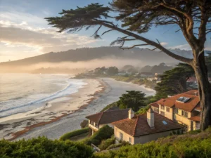 "Dreamy dawn view of Carmel-by-the-Sea's coastline with morning fog, cottage-style buildings, cypress trees, and a golden sunrise over Carmel Beach"