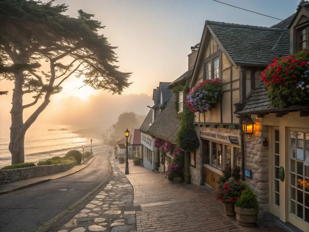"Dreamy dawn photo of Carmel-by-the-Sea's Ocean Avenue with morning fog, golden sunlight, charming cottages, and fairytale-like architecture"