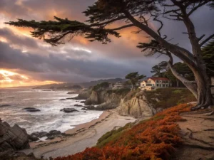 "Serene coastal scene at sunset in Carmel-by-the-Sea with dramatic cliffs, crashing waves, swaying cypress trees, a breaching gray whale, fallen leaves on an empty beach, distant Carmel village buildings, and a moody sky of purples and oranges, bathed in warm November light."