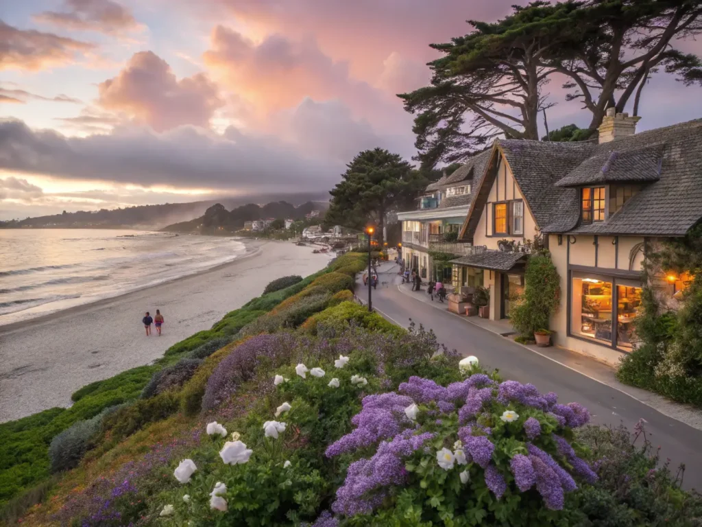 "Dreamy sunset over Ocean Avenue in Carmel-by-the-Sea with fairytale cottages, cypress trees, and the Pacific Ocean in view"