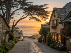 "Sunset over Ocean Avenue in Carmel-by-the-Sea, showcasing fairy-tale cottages, blooming purple wisteria, white roses, Carmel Beach, foggy Monterey cypress trees, boutique shops, and a sky filled with pink and lavender clouds."