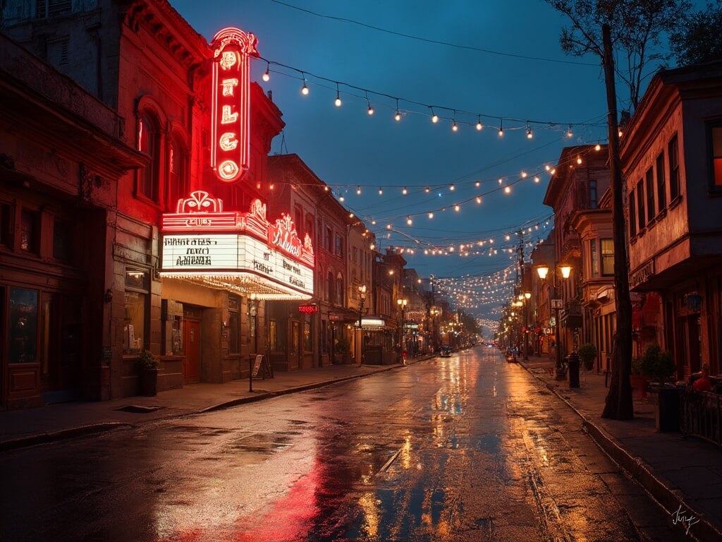 Twilight street scene in the Castro District featuring a neon sign of the historic theater reflecting on wet pavement, Victorian architecture under warm street lamps, and overhead string lights creating a magical urban atmosphere