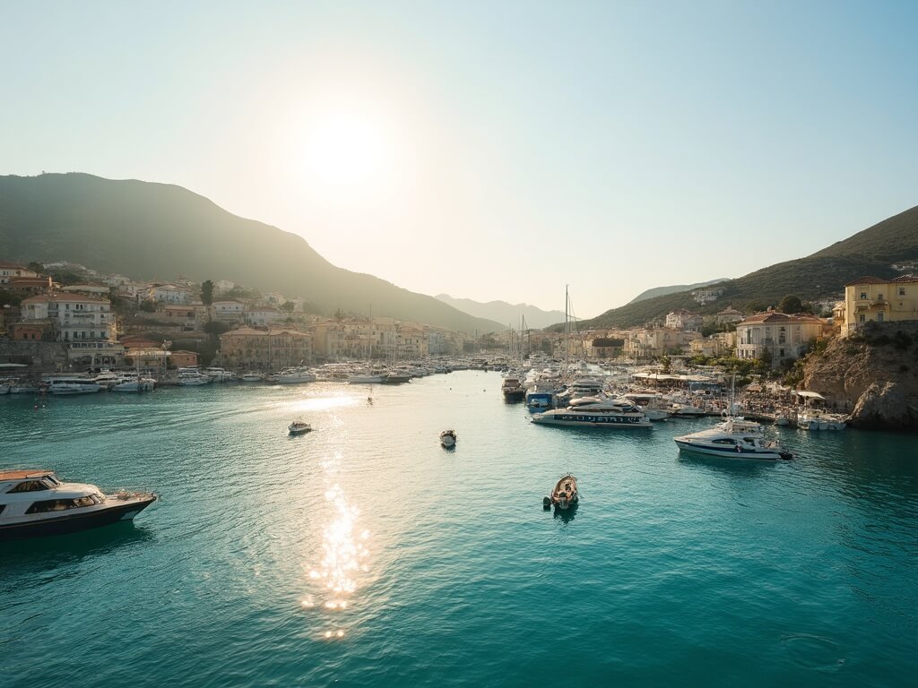 Sunrise over Catalina Island's Avalon Bay with turquoise waters, bobbing boats, and Mediterranean-style buildings against rolling hills