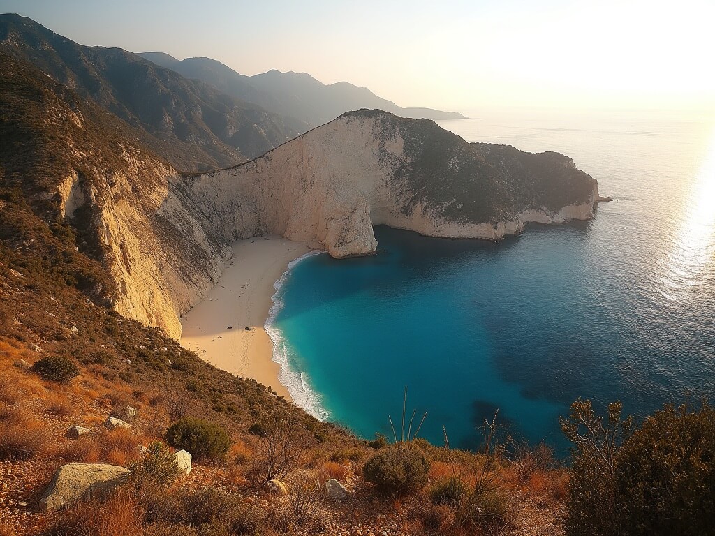 Early morning view of Catalina Island coastline with cliffs, turquoise waters, native plants and rocks in sunrise light