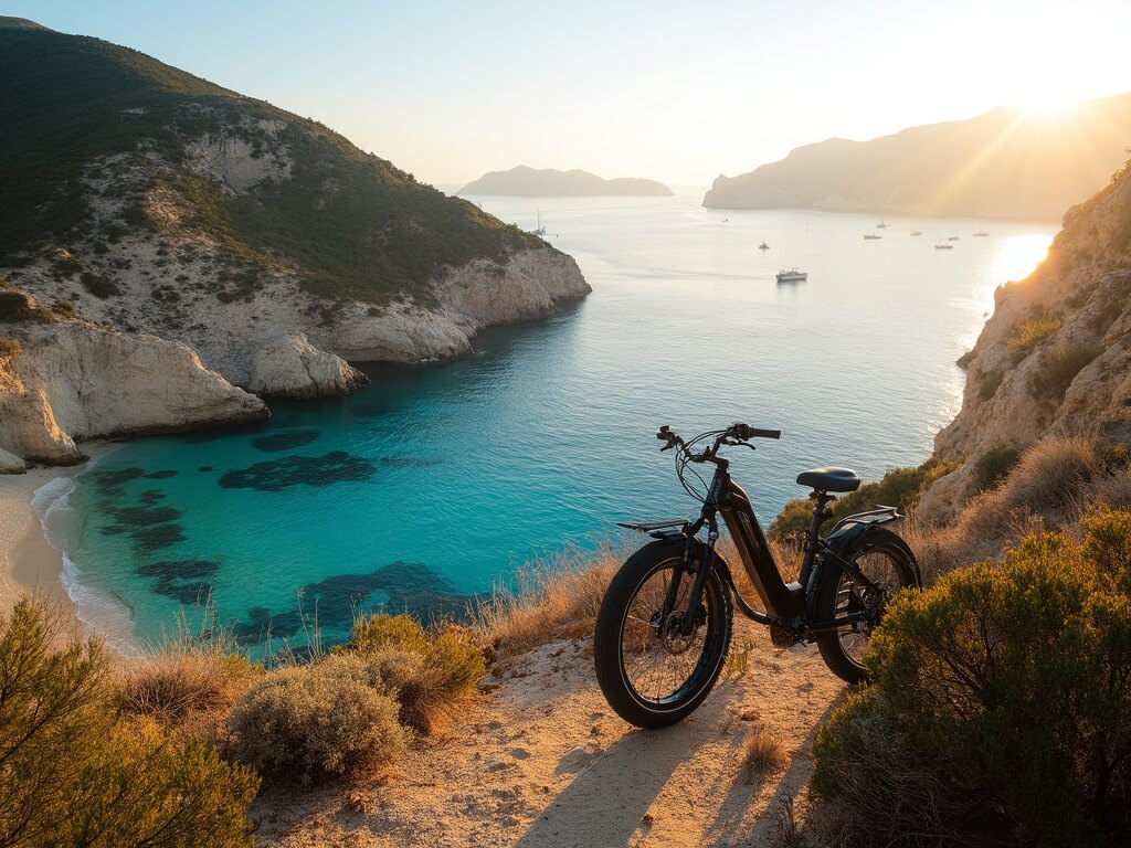 Early morning sunrise view of Catalina Island coastline with an electric bike parked near a secluded beach, distant boats, and native vegetation in the foreground