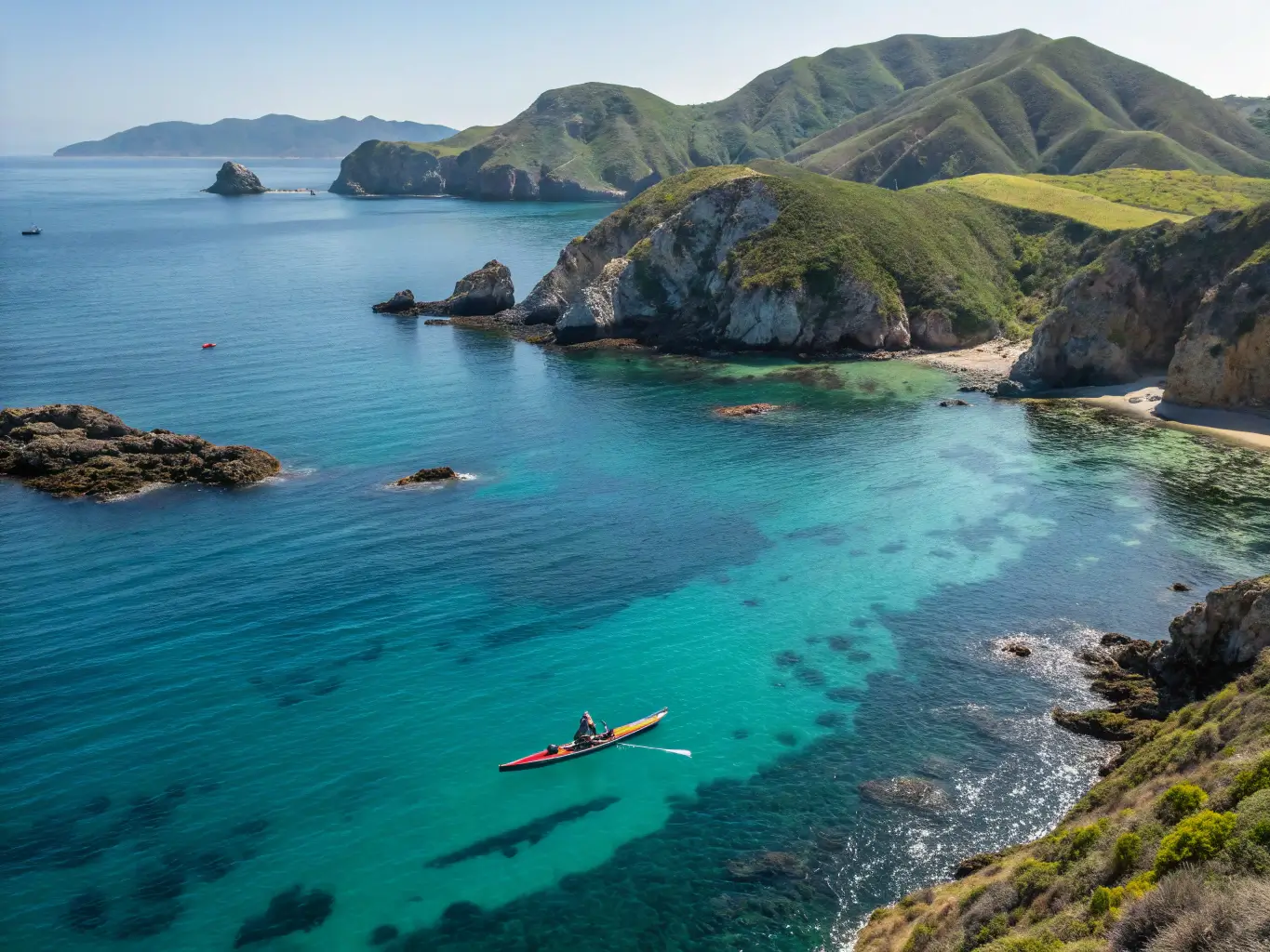 Kayak floating in the crystal-clear waters of Channel Islands National Park with sunlight reflecting off the water and rugged island terrain in the background