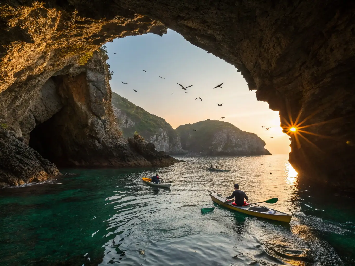 Kayakers paddling through a sea cave in the Channel Islands at sunset, with golden sunlight reflecting on turquoise waters, sea birds flying above, and underwater kelp forests moving gently