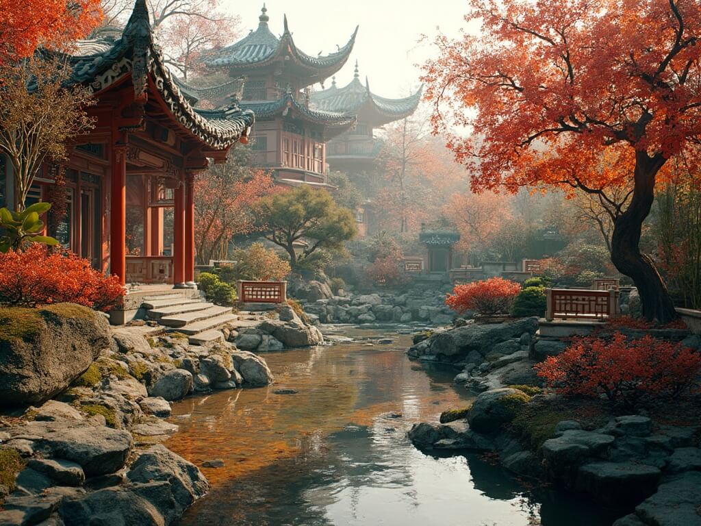 Ornate Chinese garden with traditional architecture, blooming winter flowers, koi pond, wet garden paths reflecting afternoon light, and well-maintained bonsai trees and bamboo