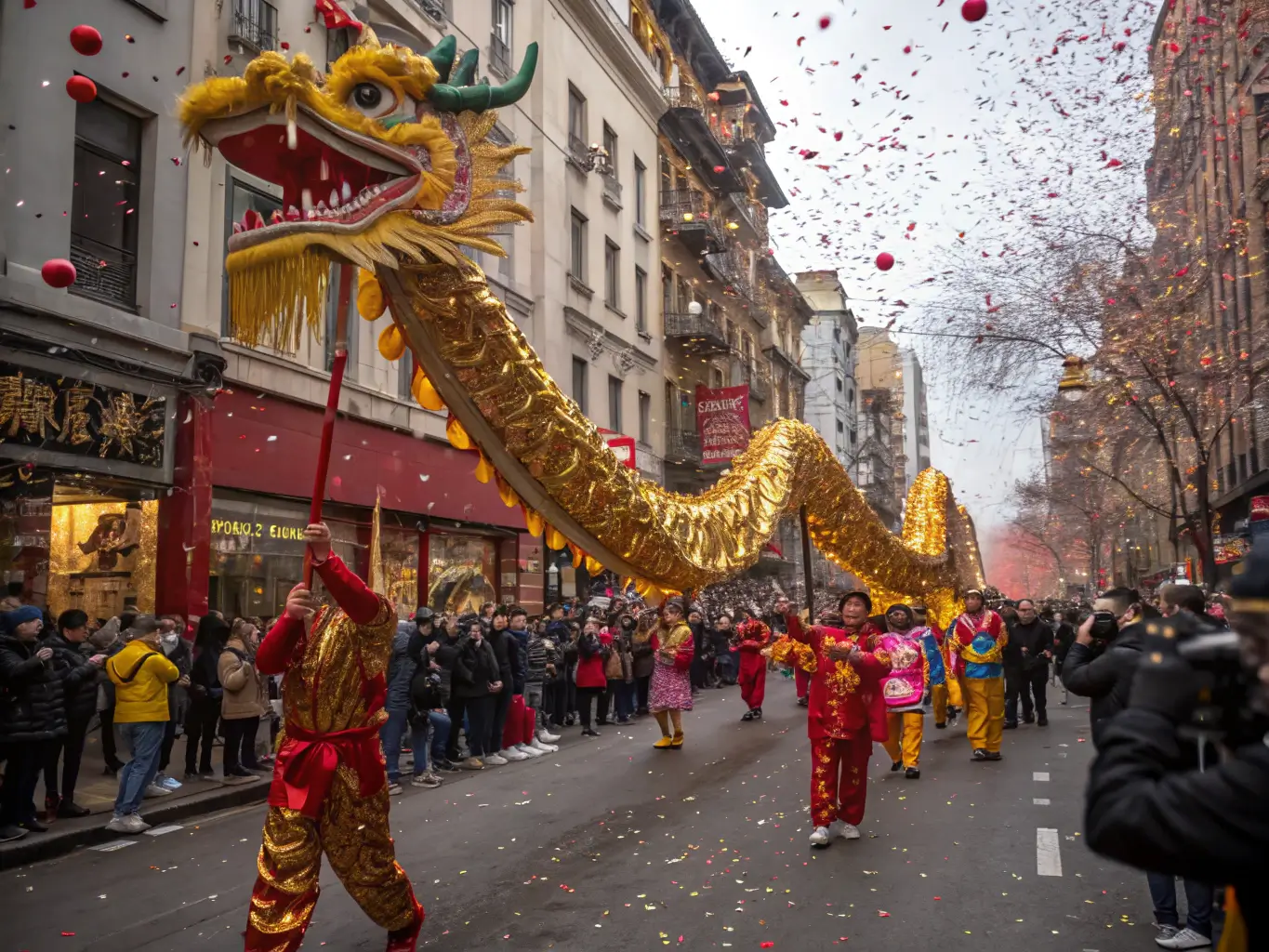 Golden dragon being paraded through a crowded street during a Chinese New Year celebration, surrounded by people in traditional costumes and confetti in mid-air