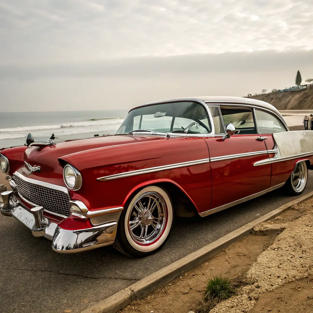 Vintage red classic car with shiny chrome details, parked at the coastal rustic setting during the Rod Run to the End of the World event highlighting regional automotive history