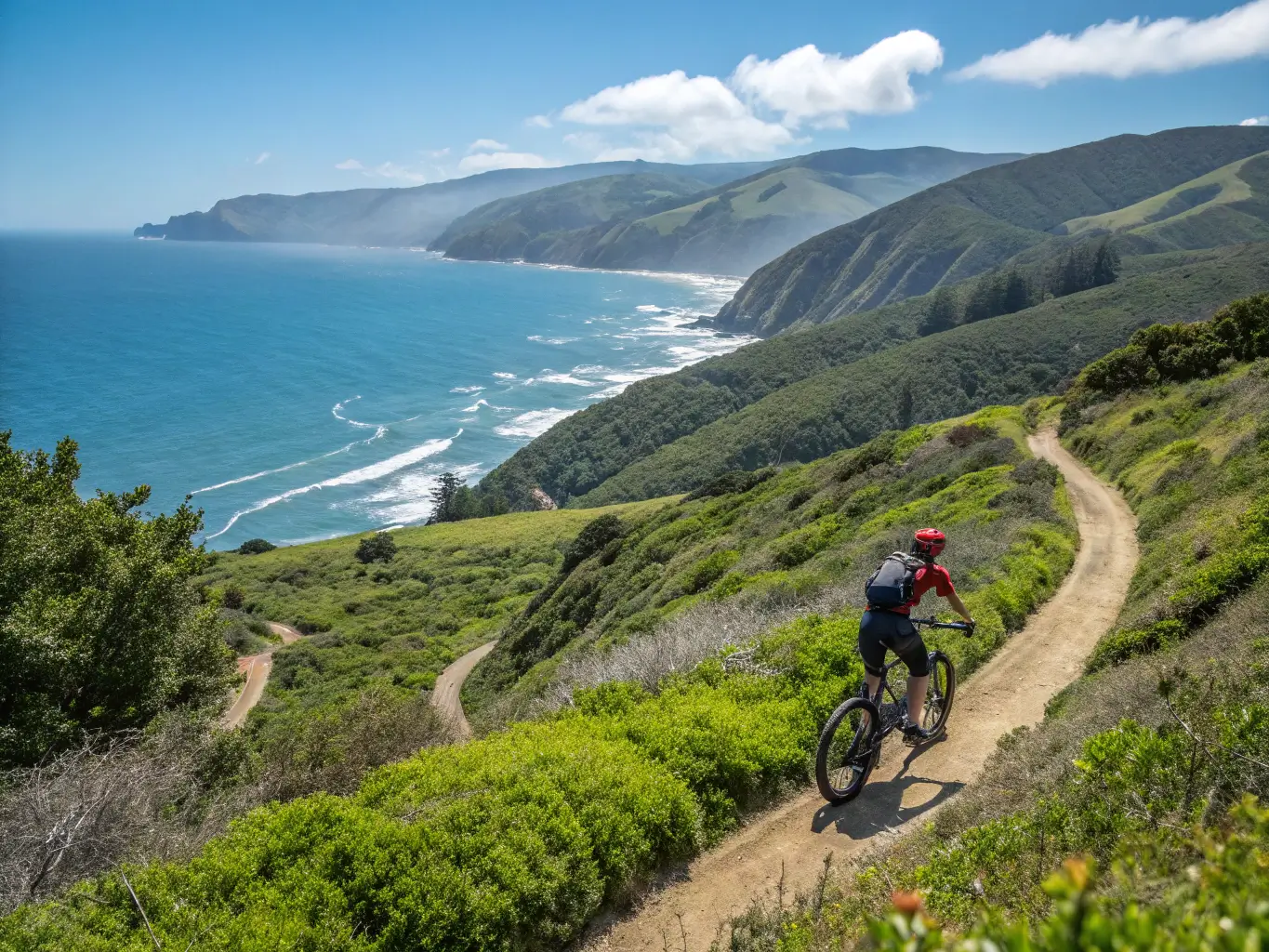 Electric bicycle rider in casual athletic wear on a scenic coastal trail overlooking the Pacific Ocean under a clear blue sky