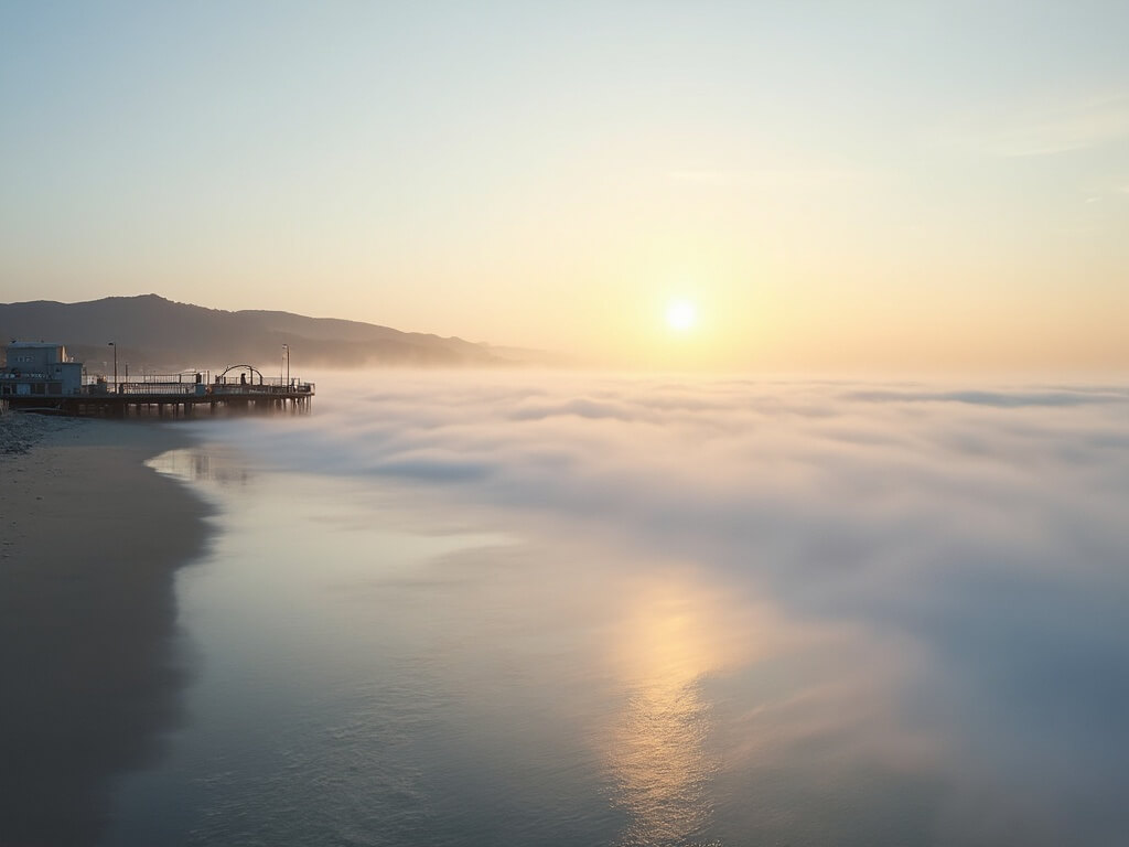 Foggy beach with pier shrouded in soft light and sunlit inland hills in the distance