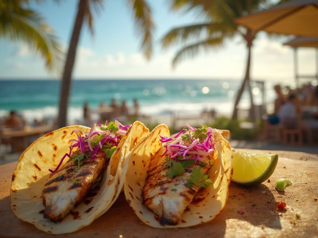 Outdoor patio of a coastal seafood restaurant serving fresh grilled mahi-mahi tacos with cabbage slaw and lime on corn tortillas, with swaying palm trees and sparkling ocean in background.