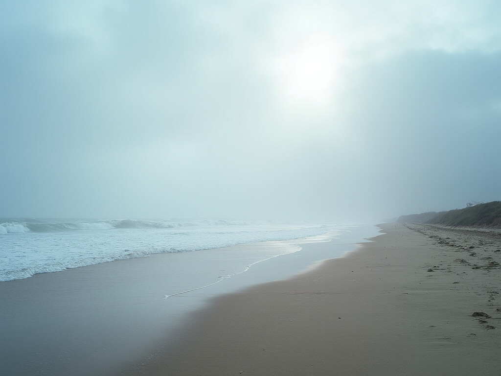 Atmospheric beach landscape depicting contrast between foggy coastline and clear inland weather