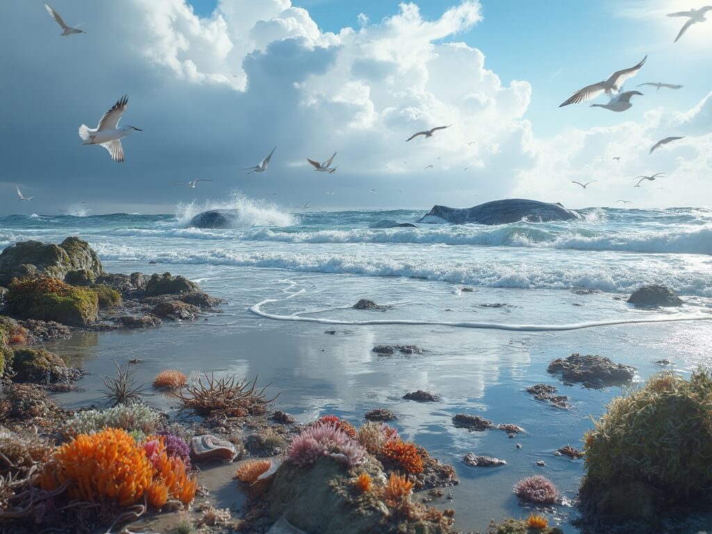 Gray whales breaching in the distance, shorebirds flying near the beach, colorful anemones and starfish in tide pools in the foreground, and dramatic cloud formations overhead casting shadows on water in a spring coastal wildlife scene.