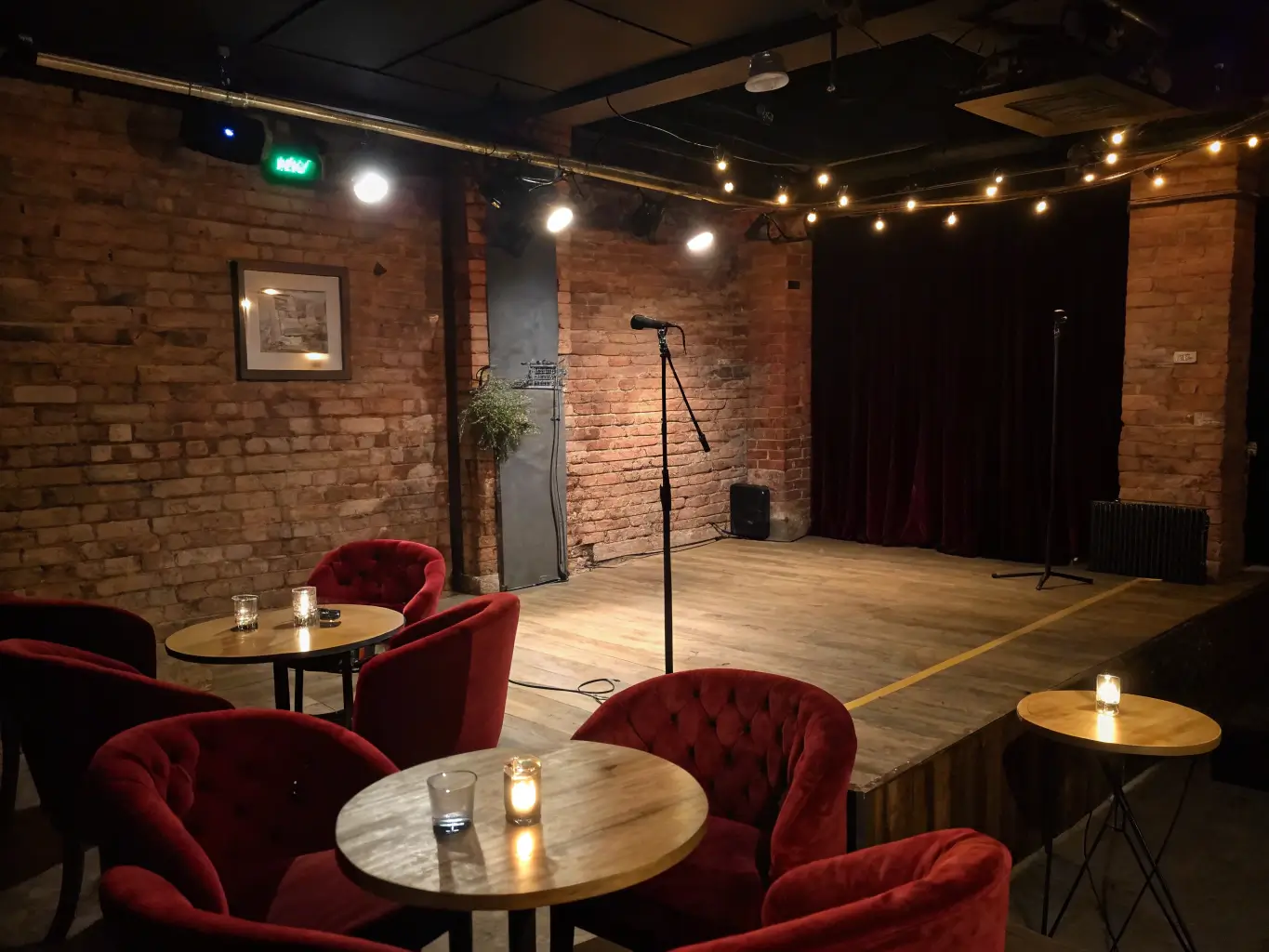 Interior of a dimly lit comedy club with exposed brick walls, spotlighted wooden stage with a microphone, small round tables with tea light candles, and red velvet chairs in a semi-circular arrangement