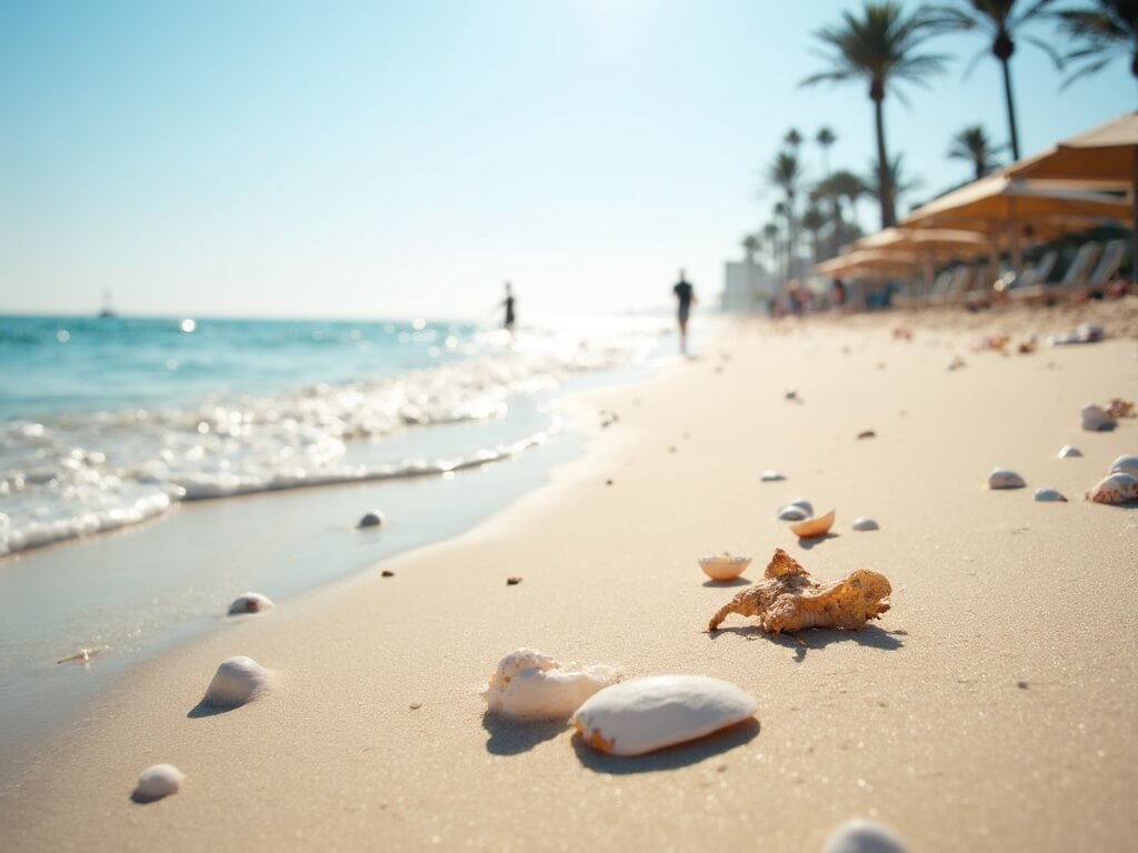 Late afternoon close-up view of Coronado Beach with white sand, gentle waves, scattered seashells, and long shadows from beach umbrellas, characteristic of clear October weather