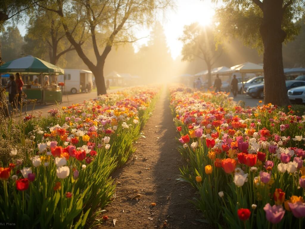 Early morning view of the Coronado Flower Show with dew-kissed vibrant spring flowers in bloom, morning mist, golden sunlight, and vendor stalls being set up