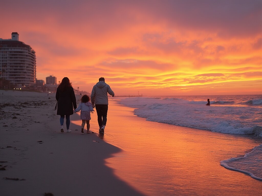 Families strolling on Coronado Beach at dusk with Hotel del Coronado in the background, vivid orange and purple sunset reflecting on wet sand, in a photojournalistic style.