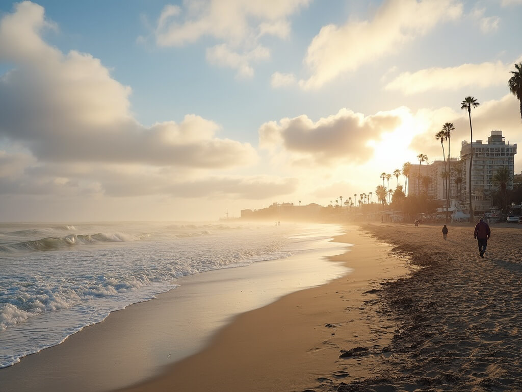 "Coronado Beach in golden hour with light marine layer over the ocean, a few people on the beach, Hotel del Coronado in the background, and palm trees swaying in mild winter breeze"