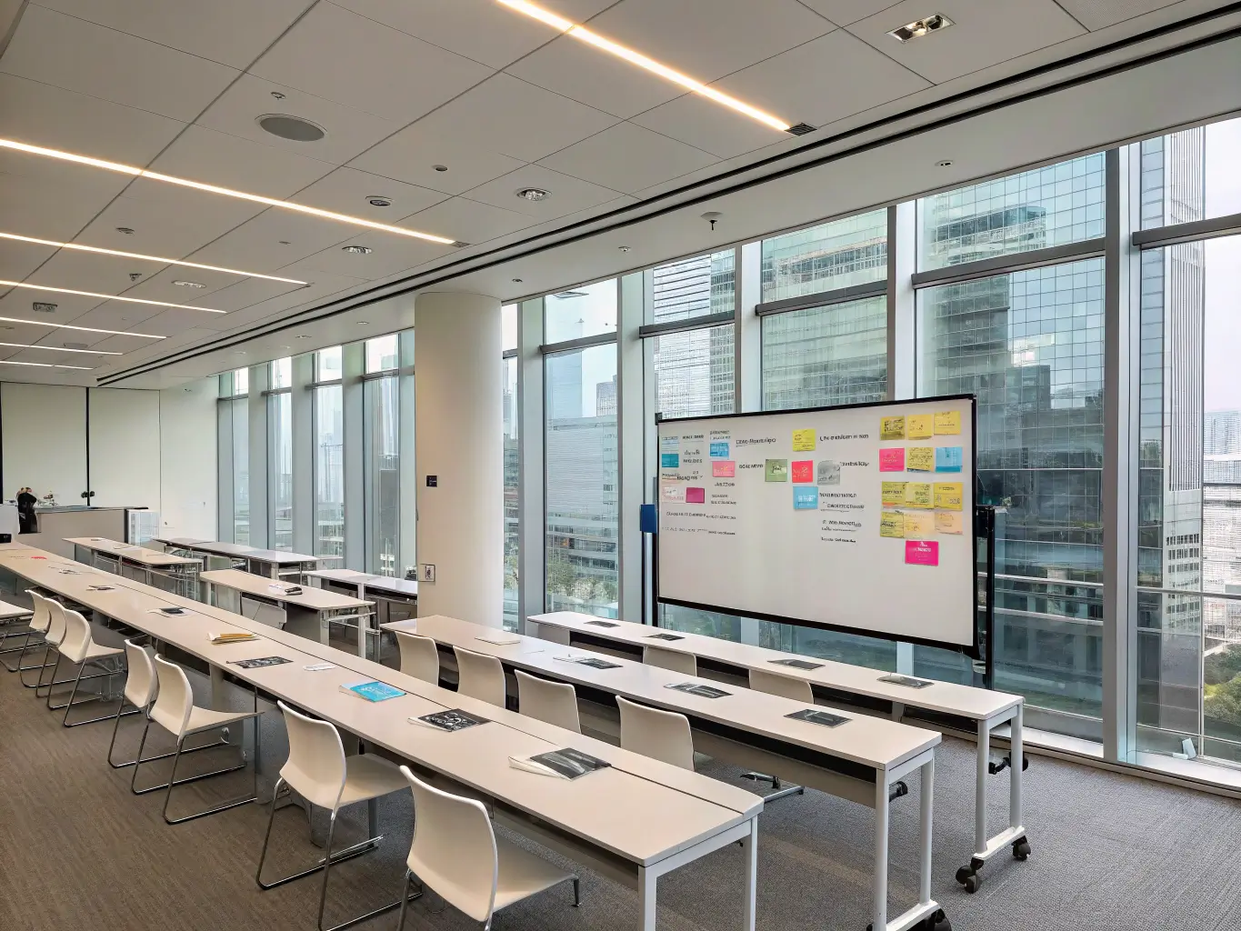 Modern corporate training room with rows of white tables, an interactive whiteboard, and project management post-it notes on glass walls