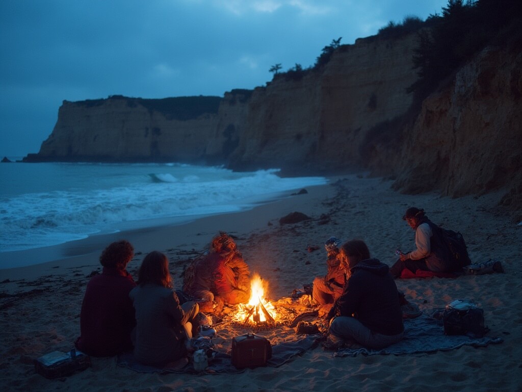 Beachgoers in light jackets enjoying a cozy bonfire on an intimate beach at dusk in October, with beach blankets scattered around, the ocean reflecting the deep blue sky, and the last rays of sunlight illuminating the sandstone cliffs.