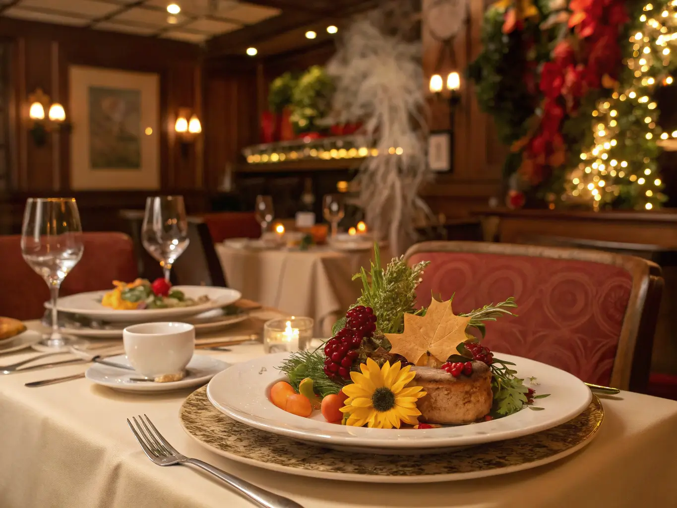 Cozy restaurant interior with elegant table settings, featuring a steaming seasonal dish with autumn colors garnished with herbs and flowers, amidst soft-focus holiday decorations.