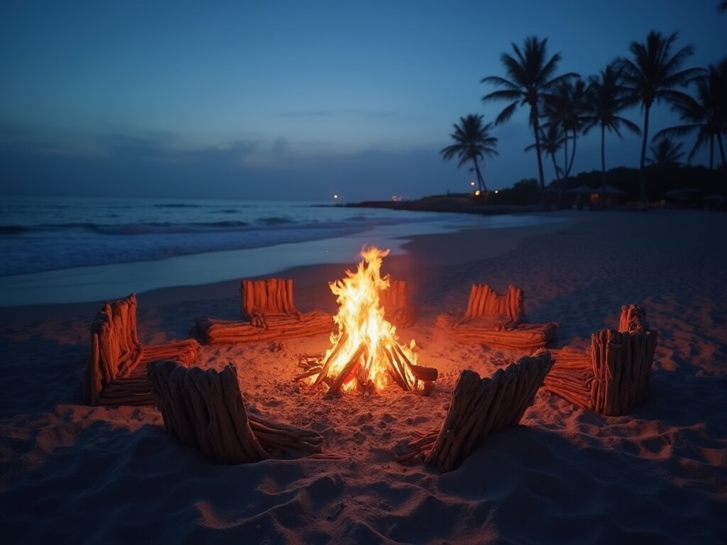 Cozy beach bonfire at dusk with driftwood flames, natural wood seating, ocean backdrop during blue hour, light sea mist and palm tree silhouettes in the distance